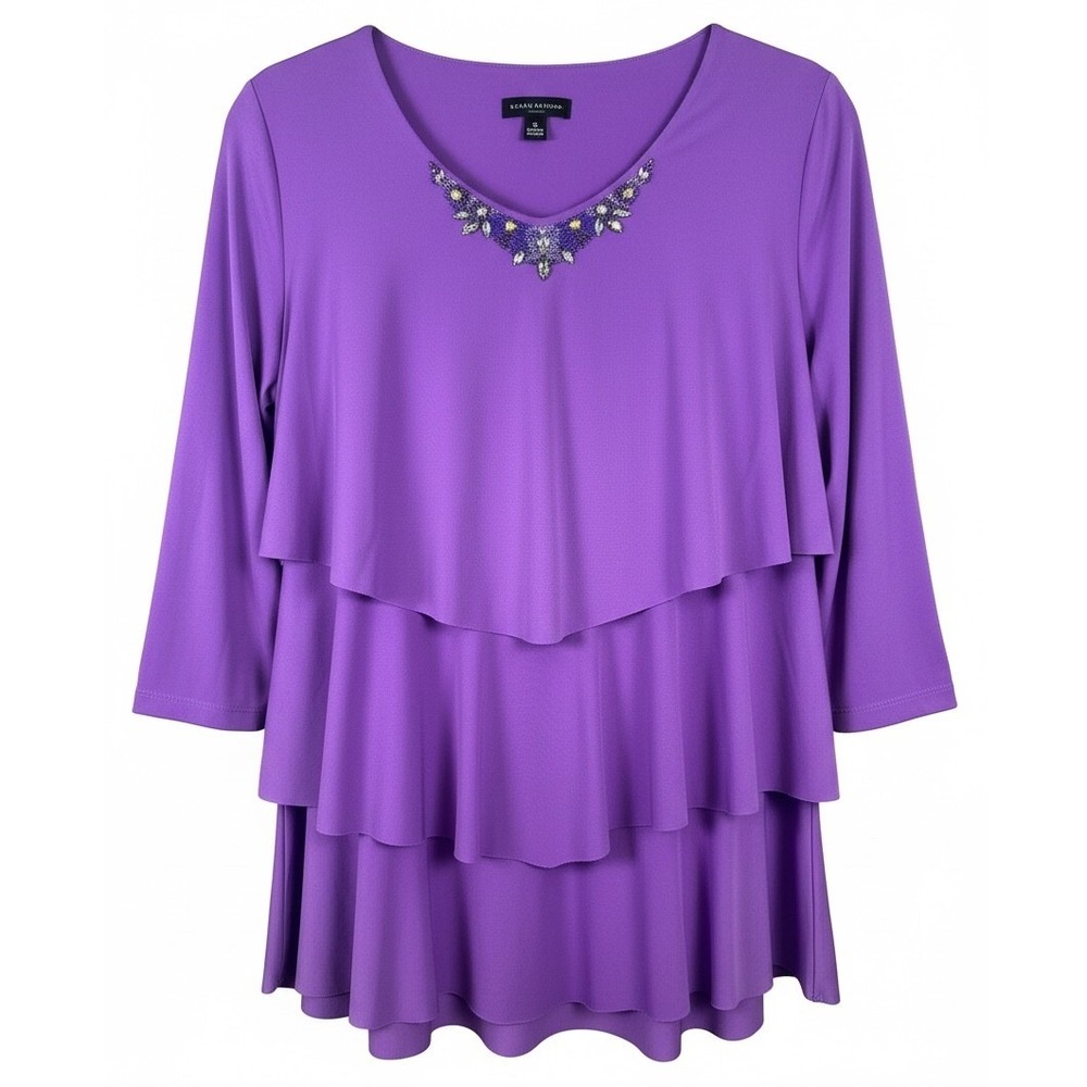 Susan Graver Artisan Purple Tiered Tunic Top Embellished V-Neck XL 3/4 Sleeve